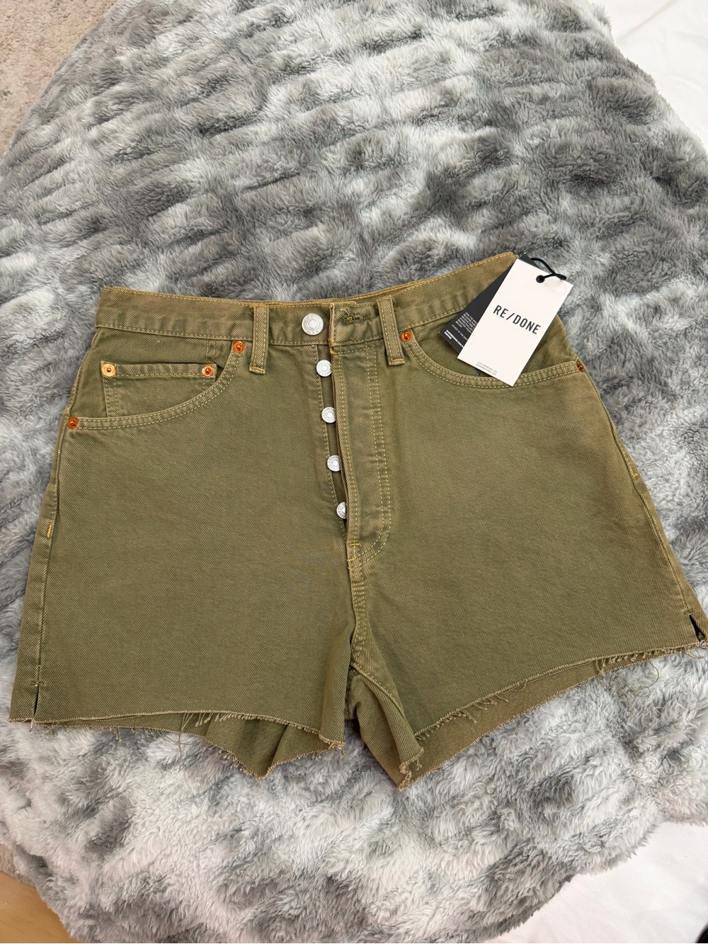 Re/Done Olive High-Waist Button-Fly Denim Shorts